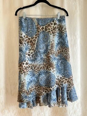 Report Collection Blue Paisley & Leopard Print Ruffle Hem Skirt